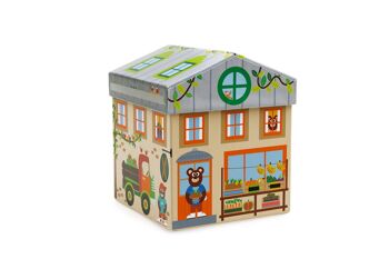 Scratch Mix+Play: BOÎTE À JOUETS ÉPICERIE 2-en-1 15.5x15.5x17cm, contient une voiture avec une remorque, un chien et une famille d'ours (3 pièces), en carton et bois, en boîte stockage, 2+ 2