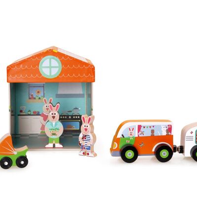 Scratch Mix+Play: BOÎTE À JOUETS MAISON 2-en-1 15.5x15.5x17cm, contient une voiture avec une caravane, un landeau et une famille de lapin (3 pièces), en carton et bois, en boîte stockage, 2+