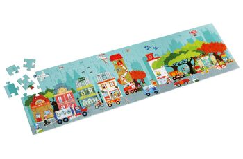 Scratch Puzzle 100pcs: PUZZLE DE SOL/VILLE 120x32cm, en boîte diam.26xH12cm, 5+ 2