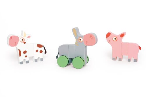 Scratch Preschool: 3 ANIMAUX DE FERME magnétiques à ROULETTES 14x2x11cm, avec cochon, vache et âne et une paire de roues, en boîte, 18m+