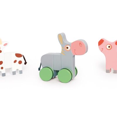 Scratch Preschool: 3 ANIMAUX DE FERME magnétiques à ROULETTES 14x2x11cm, avec cochon, vache et âne et une paire de roues, en boîte, 18m+