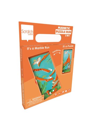 Scratch Puzzle Magnétique: CIRCUIT DE BILLES &amp; PUZZLE MAGNÉTIQUE - DINO 11 pièces 15.5x20.5x2cm (plié), 15.5x32.5x2cm (déplié), 2-en-1: puzzle et circuit à billes avec 5 billes, 3+ 2