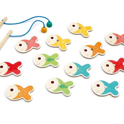 Scratch Jeu: JEU DE PÊCHE Classique, 12 poissons (7.5x5x0.5cm) avec points et 2 cannes à pêche, magnétique, en boîte forme poisson, 18m+