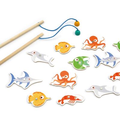 Scratch Jeu: JEU DE PÊCHE Rétro, 12 poissons (7.5x5x0.5cm) avec points et 2 cannes à pêche, magnétique, en boîte forme poisson, 18m+