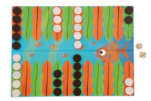 Scratch Jeu: PIRANHA RACE / JUNIOR BACKGAMMON 38x28cm, avec 2x15 pions en bois et 2 dés en bois, en boîte forme 29.5x21.5x6.5cm, 7+