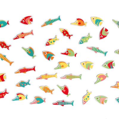 Scratch Jeu: FIND-A-FISH/JEU DE COULEUR, avec 40 poissons colorés (8x3cm) et 3 dés en bois, en boîte forme 31x19.3x6.5cm, 3+