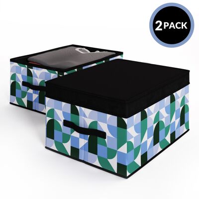 2 Pack Foldable Storage Box with Lids & Strap Handles (Large) - Lined with Organic Cotton Fabric - Sky Blue