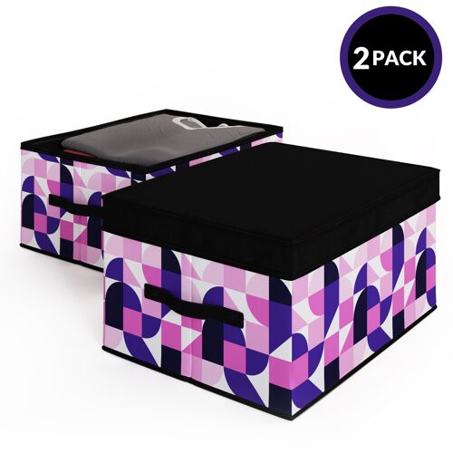 2 Pack Foldable Storage Box with Lids & Strap Handles (Large) - Lined with Organic Cotton Fabric - Red Violet