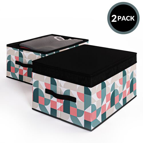 2 Pack Foldable Storage Box with Lids & Strap Handles (Large) - Lined with Organic Cotton Fabric - Natural Nature