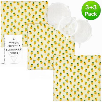 WAFE - Envolturas alimentarias reutilizables de cera de abeja - Edición piña - Pack de 3+3