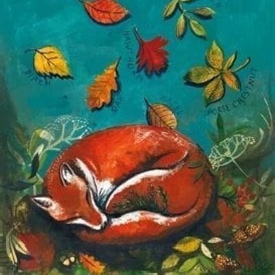 Impresión de cartel de zorro en hojas de otoño