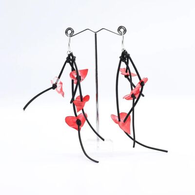 4-strand Hand Painted Plastic Hearts on Leatherette Earrings - Red