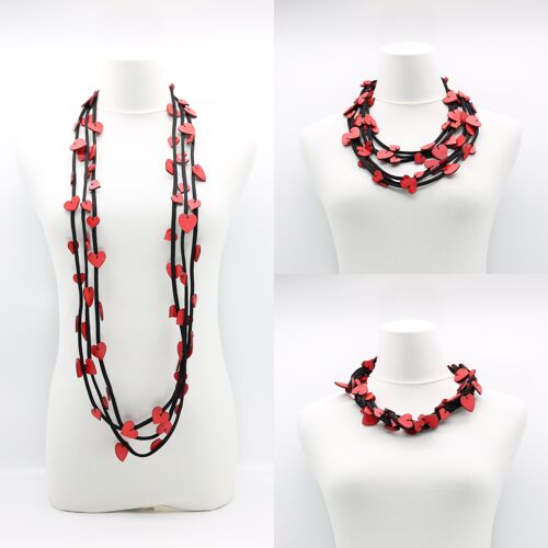 3-strand Necklace with Hand Painted Wooden Hearts - Red