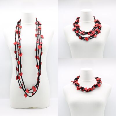3-strand Necklace with Hand Painted Wooden Hearts - Red