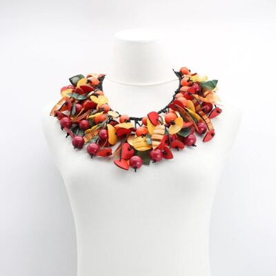 Collana di cuori e perline in legno dipinti a mano con petali di plastica riciclata - Foglia d'autunno