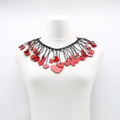 Hand Painted Wooden Hearts on Leatherette Necklace - Red