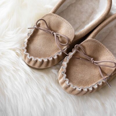 Luxury Sheepskin Moccasin Slippers -Beige