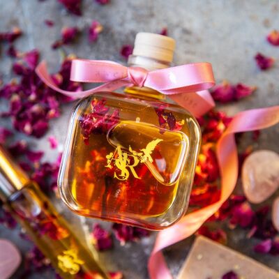 Awen Rose Aura Elixir Aceite corporal perfumado para curación femenina + seguridad emocional, vainilla rosa, cristales de piedra lunar de cuarzo rosa, chakras sacros del corazón