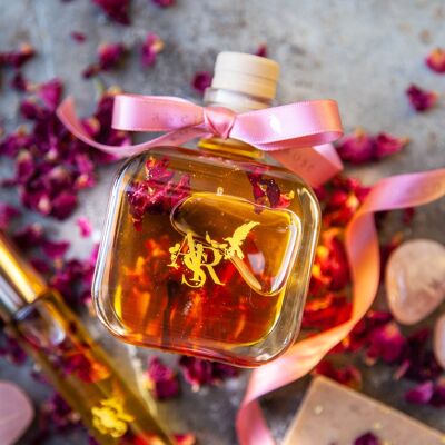 Awen Rose Aura Elixir Olio per il corpo profumato per la guarigione femminile + sicurezza emotiva, vaniglia rosa, cristalli di pietra di luna di quarzo rosa, chakra sacrali del cuore