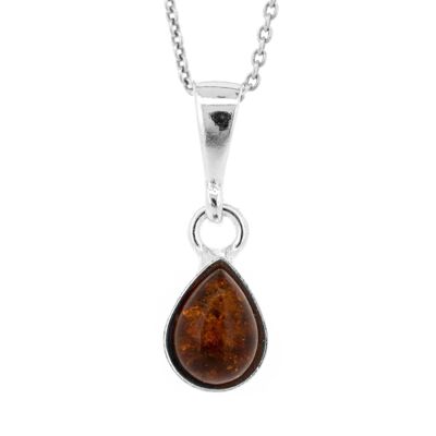 Petit pendentif en forme de larme en ambre cognac avec chaîne de trace de 18 po et boîte de présentation