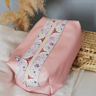 Toiletry bag in pink faux leather and bibiche cotton