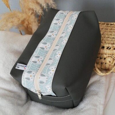 Gray faux leather and owl cotton toiletry bag