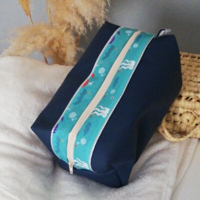 Navy blue imitation leather and cotton whale toiletry bag