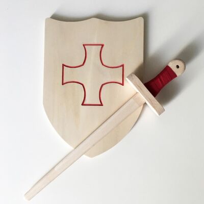 Pack Arthur - Épée Et Bouclier En Bois - Rouge - Croix Des Templiers