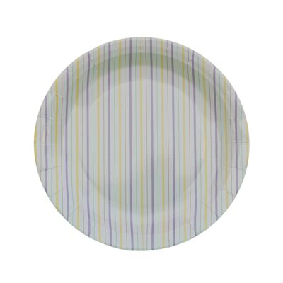 Platos de papel a rayas multicolores | Rayas pastel amarillo verde lavanda (juego de 8)