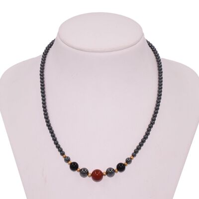 Hematite necklace with onyx and red agate