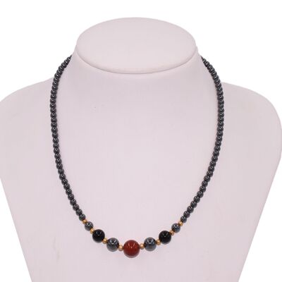 Hematite necklace with onyx and red agate