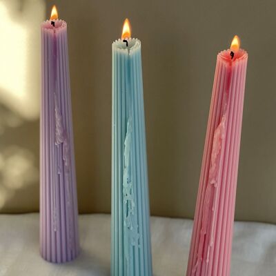 Ribbed Taper Candles - 3 candles - Pink , SKU131