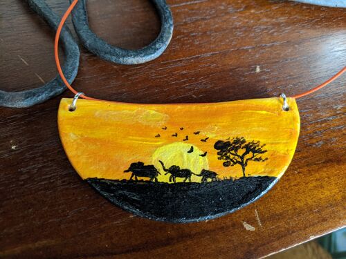 African sunset necklace, hand painted landscape necklace, elephant necklace