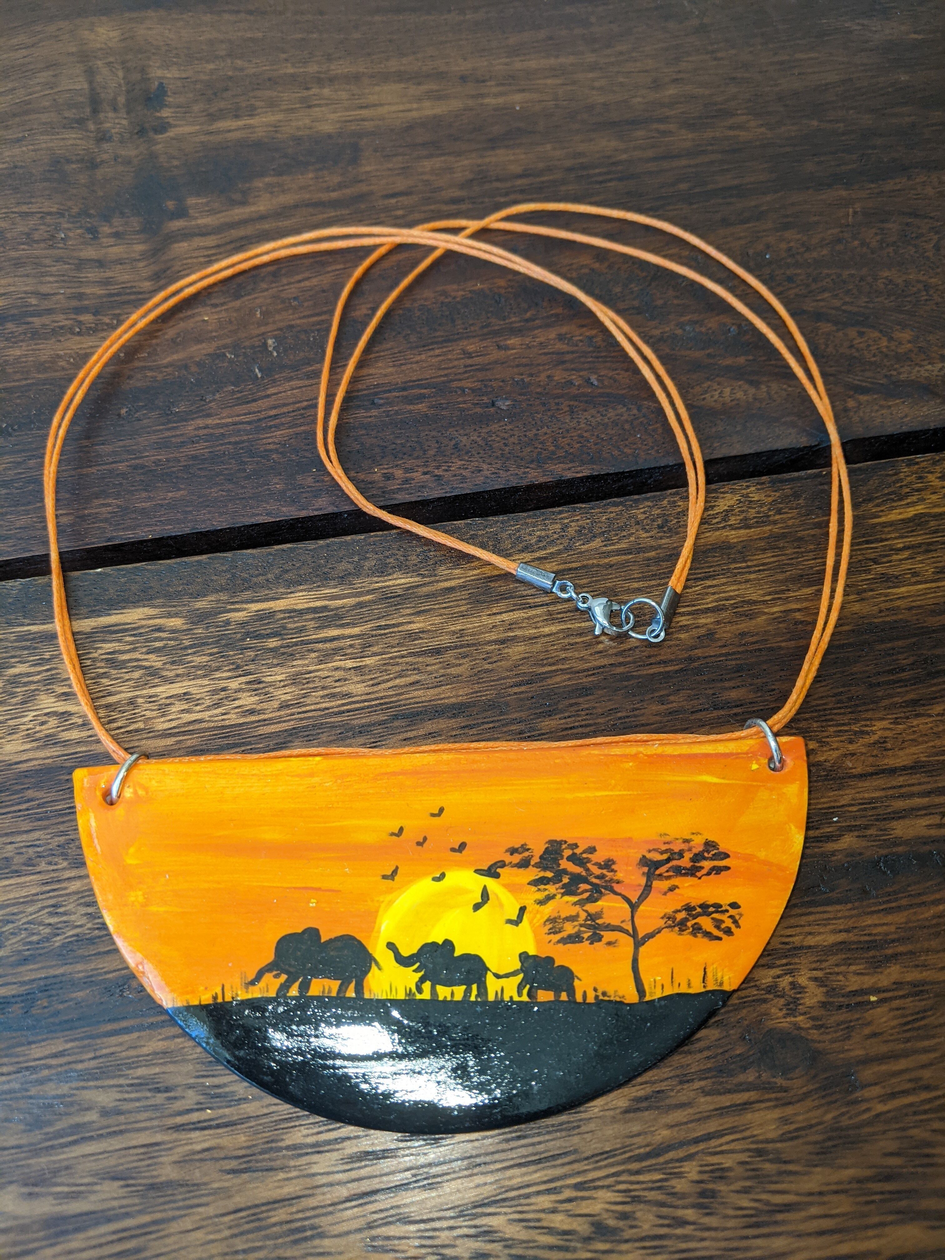 Collana tramonto africano, collana di paesaggi dipinti a mano, collana di elefanti