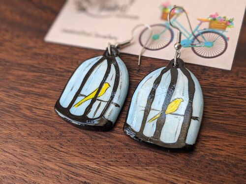 Bird cage hand painted clay earrings