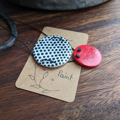 Polka dot necklace black, white & red, spotty clay necklace