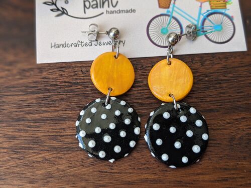 Polka dot earrings black, white & yellow, spotty clay earrings