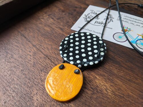 Polka dot necklace black, white & yellow,  spotty clay necklace