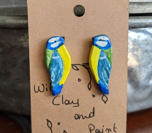 Blue tit bird clay stud earrings