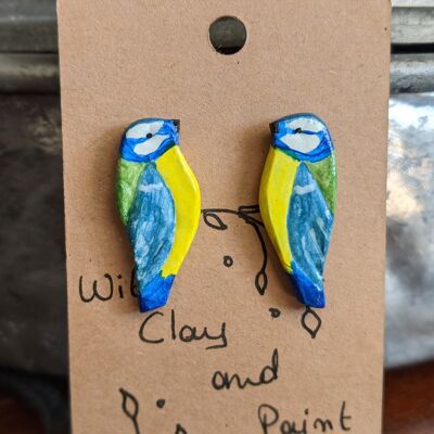 Blue tit bird clay stud earrings