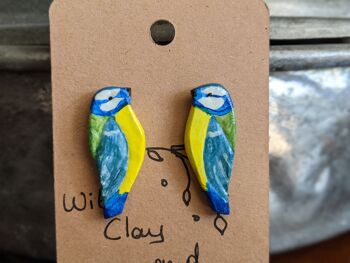 Boucles d'oreilles puces argile oiseau mésange bleue 3