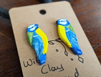 Boucles d'oreilles puces argile oiseau mésange bleue 4
