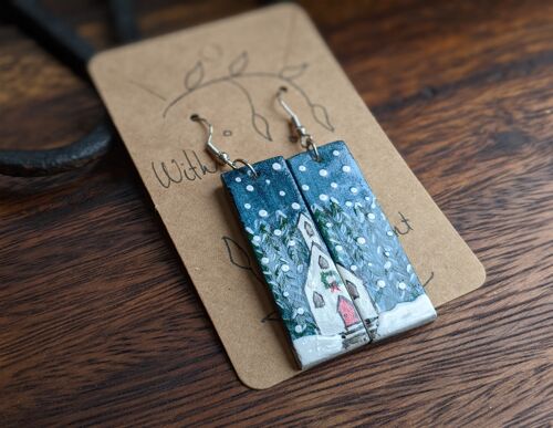 Christmas scene festive earrings, snowy church