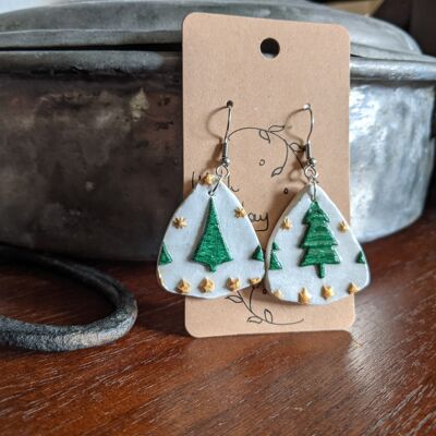 Christmas tree earrings, green & gold