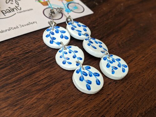 Elegant Blue and White Floral Earrings – Hand-Painted Triple Dangle Statement Jewelry