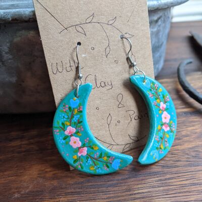 Green floral crescent moon air drying clay earrings