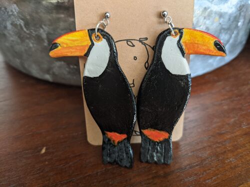 Hand painted clay toucan earrings