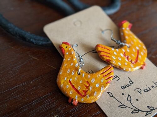 Chicken earrings, hens handmade clay earrings