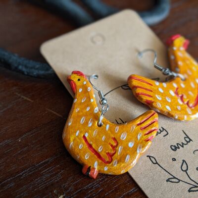 Chicken earrings, hens handmade clay earrings