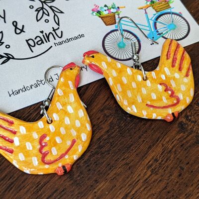 Chicken earrings, hens handmade clay earrings